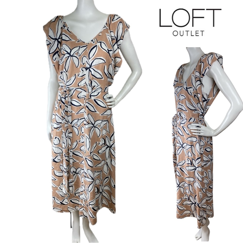 Loft Tan/White Floral Linen Blend A-Line Midi Dress Flutter Sleeve Tie Waist 10p